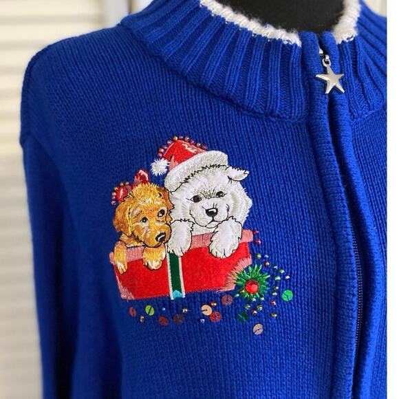 QUACKER FACTORY Blue Holiday 
 Pet Zip‎ Front Cardigan Sweater XL quirky cottage - Picture 2 of 7